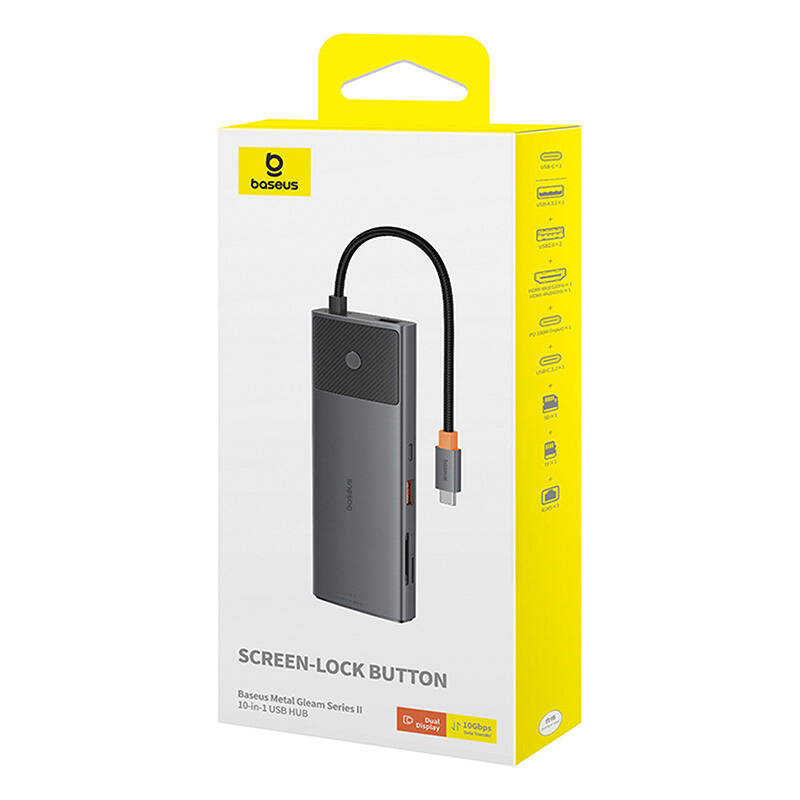 Adapter Hub 10in1 Baseus USB-C - 2xHDMI, 3xUSB-A, USB-C, RJ45, SD/TF, PD (black)