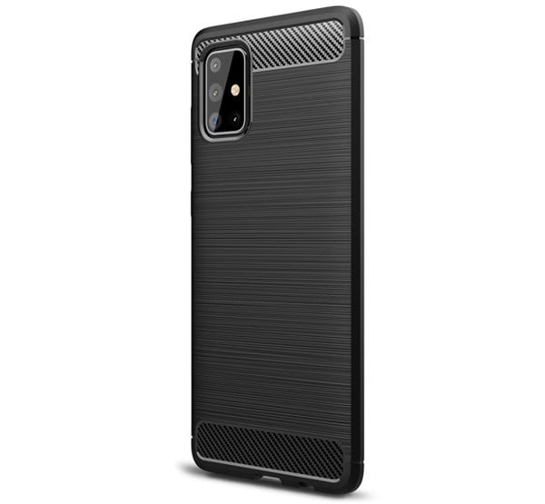 Szilikon telefonvédő (közepesen ütésálló, légpárnás sarok, szálcsiszolt, karbon minta) FEKETE [Samsung Galaxy A71 (SM-A715F)]