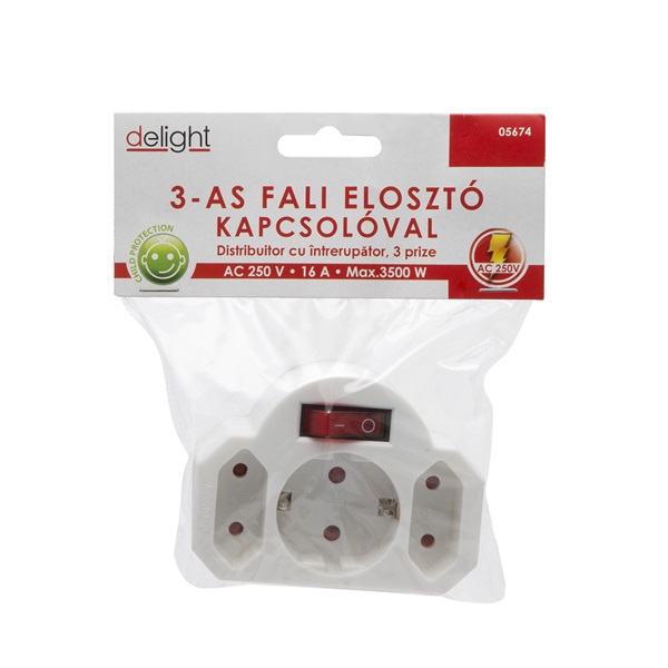 Delight 230V 10A Földelt kapcsolós 1+2-es elosztó Delight 230V 10A Földelt kapcsolós 1+2-es elosztó