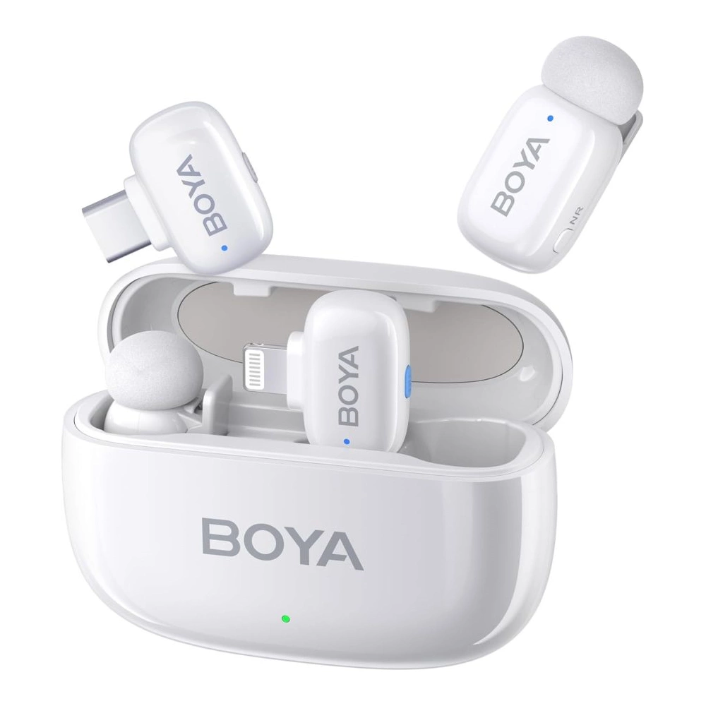 BOYA Mini Ultrakompakt vezeték nélküli mikrofon 2 adó + 2 vevő (USB-C + Lightning csatlakozó) + 1 töltőtok Fehér BOYA Mini Ultrakompakt vezeték nélküli mikrofon 2 adó + 2 vevő (USB-C + Lightning csatlakozó) + 1 töltőtok Fehér