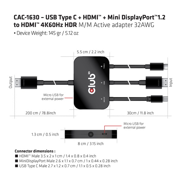 Club 3D CAC-1630 USB-C + HDMI + MiniDisplayport to HDMI 4K60Hz  M/M  32AVG Átalakító