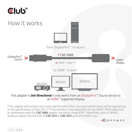  Club3D DisplayPort1.4 to HDMI 4K120Hz/8K60Hz HDR Active adapter 