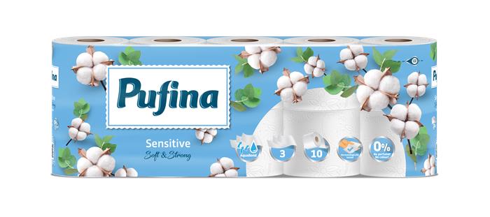 PUFINA Sensitive Aquabond 3 rétegű kistekercses 10 tekercs  illatmentes Toalettpapír