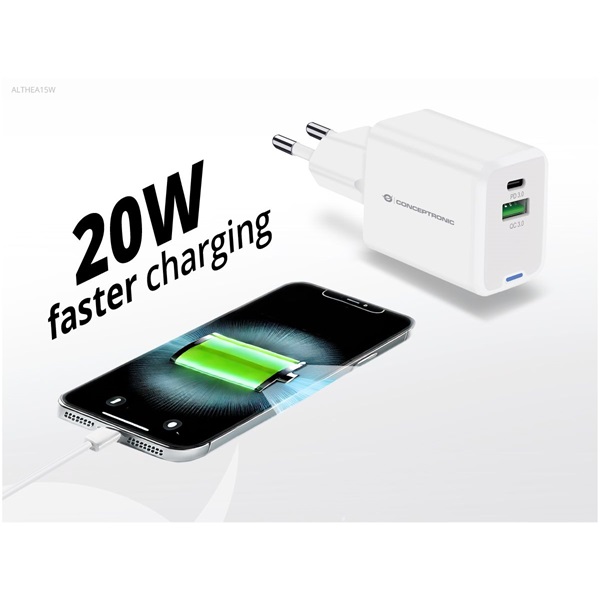 Conceptronic  ALTHEA15W  USB-C+USB-A  20W telefon töltő adapter Fehér 