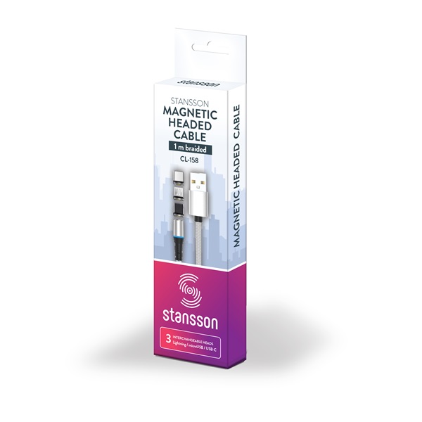 Stansson 1m 3in1 mágneses fejű microUSB/Type-C/Lightning fonott kábel Stansson 1m 3in1 mágneses fejű microUSB/Type-C/Lightning fonott kábel
