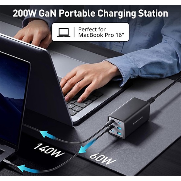 Conceptronic  OZUL06BE 4x USB-C+2x USB-A  200W telefon töltő adapter Fekete 