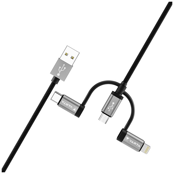 Varta 57937101111 2m 12W 3in1 USB A - Lightning/microUSB/Type C adat- és töltőkábel Varta 57937101111 2m 12W 3in1 USB A - Lightning/microUSB/Type C adat- és töltőkábel