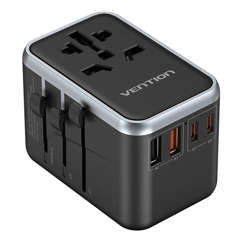 Vention FJFB0 GaN 2xUSB-C 2xUSB-A Universal Travel Adapter 65W Fekete