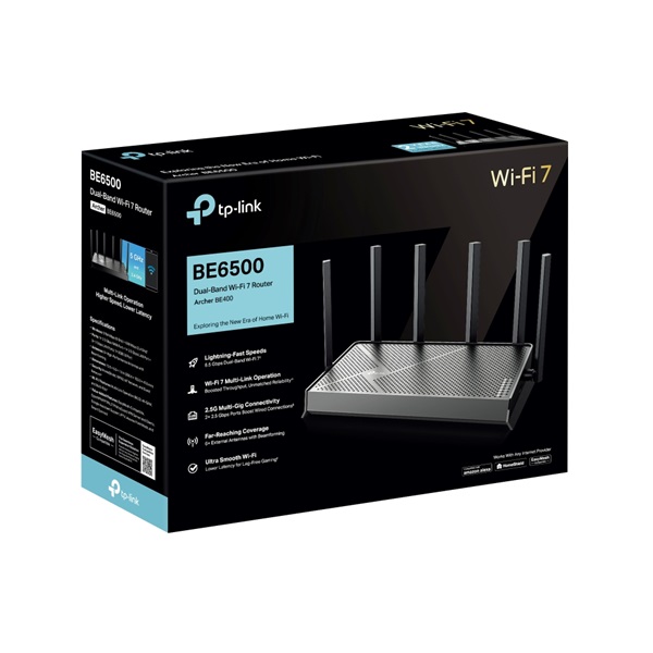 TP-LINK Dual Band BE6500 1xWAN(2.5Gbps) + 1xLAN(2.5Gbps) + 3xLAN(1Gbps) + 1xUSB 3.0, Archer BE400Wireless Router 