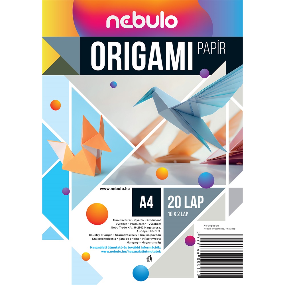 Nebuló Origami papír A4, vegyes színek, 20 lap/csomag,  (A4-ORIPAP-20)