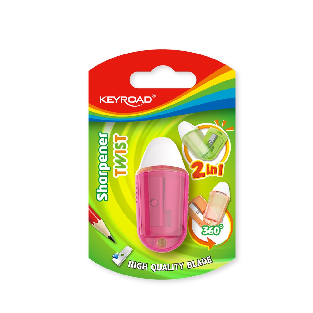 Keyroad Hegyező, 1 lyukú, radírral, 1 db/bliszter,  Twist, vegyes színek (KR970711)