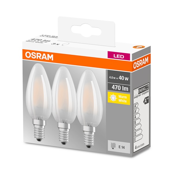 Osram Base matt üveg búra/4W/470lm/2700K/E14 LED gyertya izzó 3 db Osram Base matt üveg búra/4W/470lm/2700K/E14 LED gyertya izzó 3 db