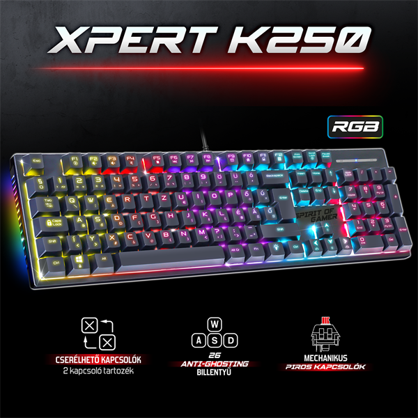Spirit of Gamer Billentyűzet Mechanikus XPERT K250  105 gomb  SOG red RGB LED USB fekete HU