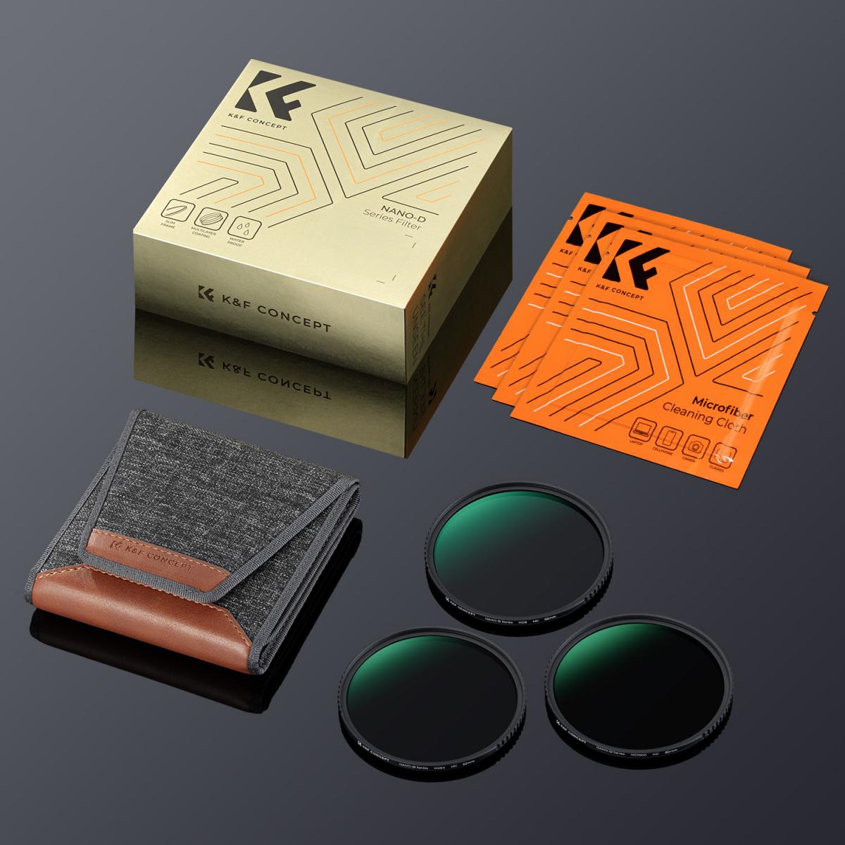 K&F Concept Professzionális ND szűrő szett 72mm (ND8+ND64+ND1000) + szűrőtartó tok + 3db törlőkendő K&F Concept Professzionális ND szűrő szett 72mm (ND8+ND64+ND1000) + szűrőtartó tok + 3db törlőkendő
