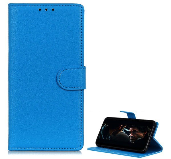 Tok álló, bőr hatású (FLIP, oldalra nyíló, asztali tartó funkció, prémium) VILÁGOSKÉK [Samsung Galaxy M01 (SM-M015F)]