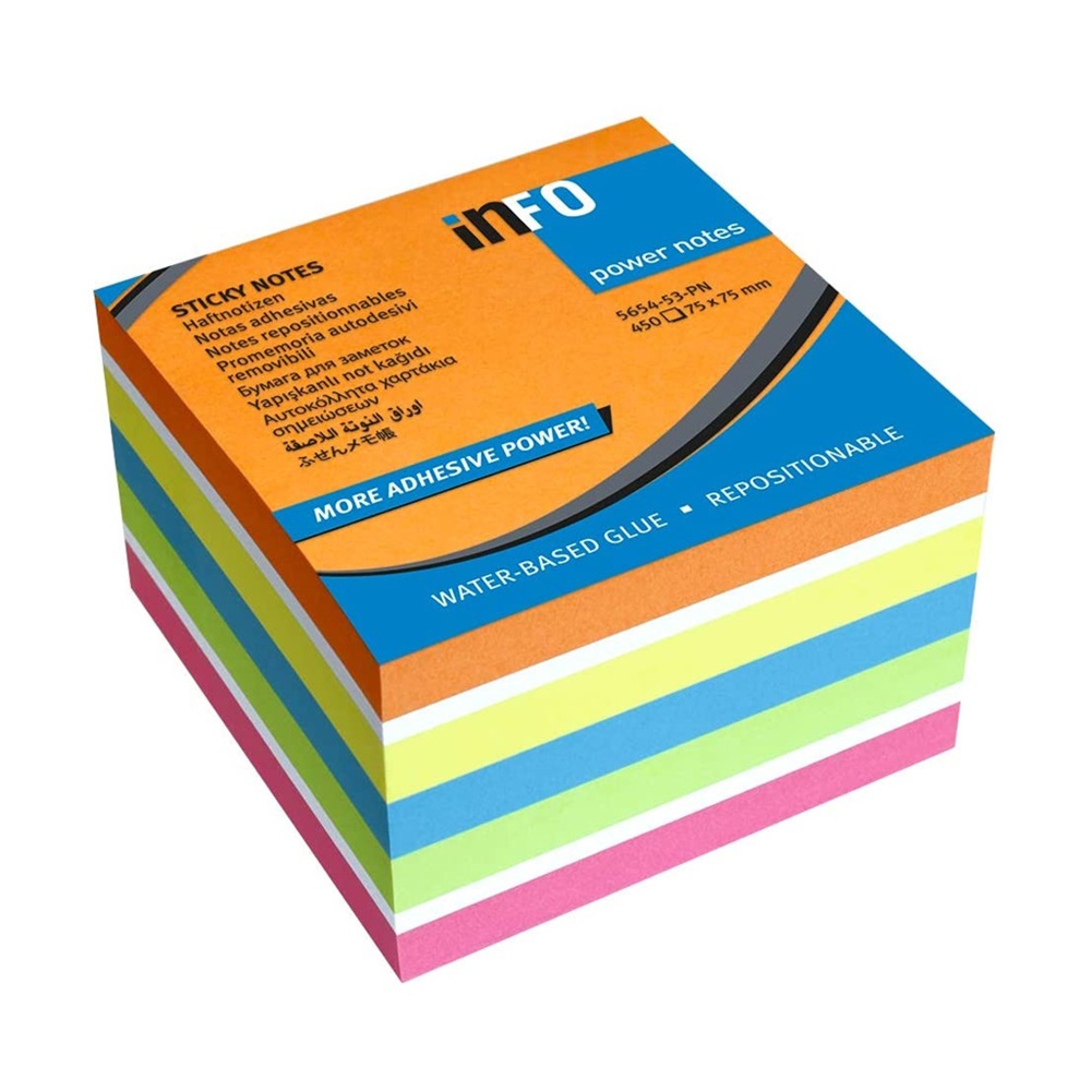 Info Notes Jegyzettömb öntapadó, 75x75mm, 450lap,  intenzív narancs, sárga, kék, zöld, pink (5654-53)