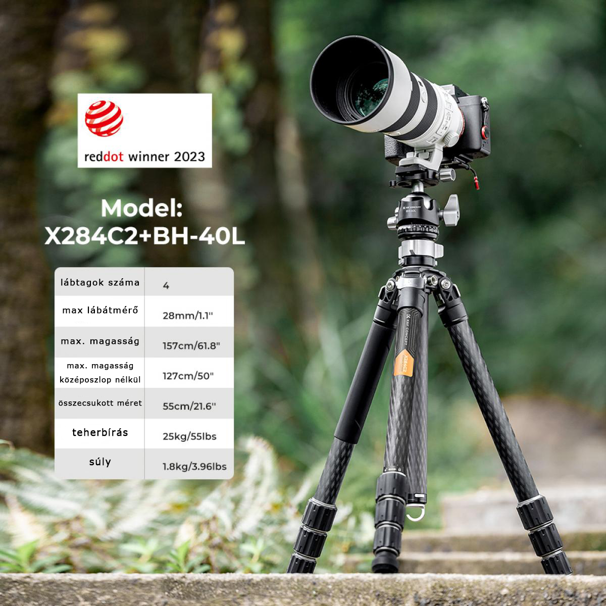K&F Concept X284C2+BH40L karbon állvány + monopod, fekete-narancs