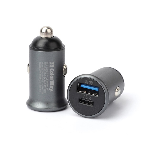 COLORWAY  CW-CHA029PD-GR 2xUSB (Type-C PD20W + USB QC3.0 ) (38W) Autós töltő Szürke