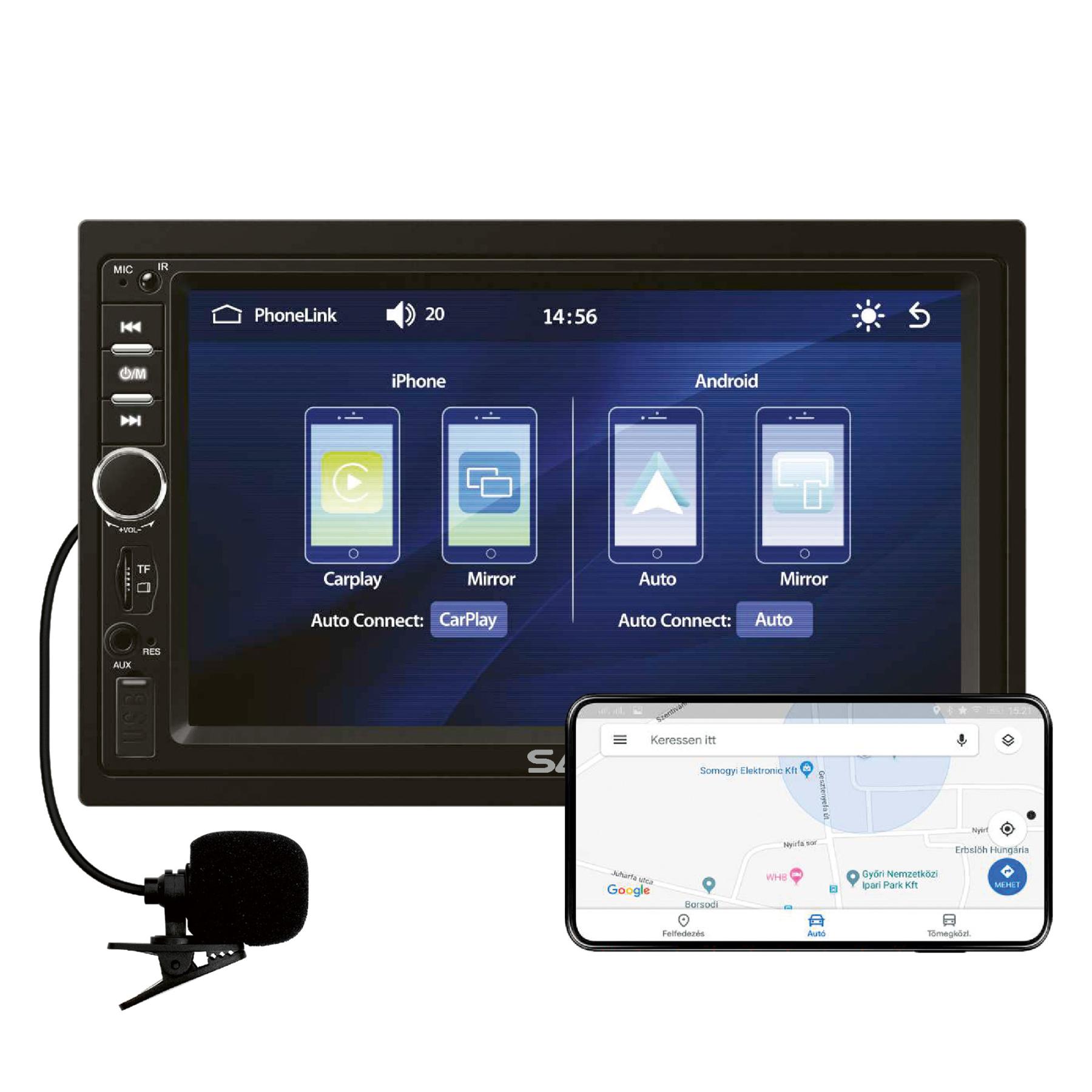 SAL autórádió és multimédiás lejátszó, CPAA multimédia, iOS CarPlay és Android Auto, tükrözés, 18cm-es érintő-kijelző, 2xDIN, ...