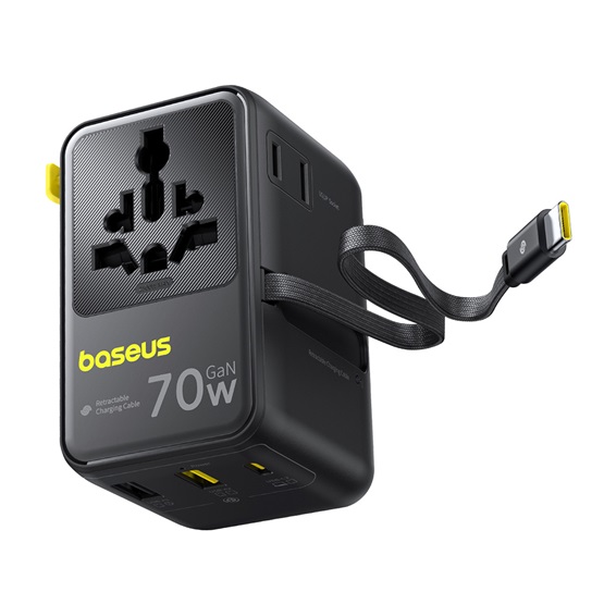 Baseus EnerCore CG11 töltőállomás  70W, 1×AC + 2×USB Type-A + 1×USB Type-C + 1×USB Type-C automata behúzós kábel Fekete