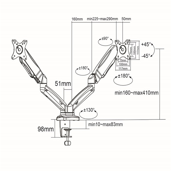 NEDIS MMDOSGS110BK  dupla  15-32"  gázrugós asztali monitor tartó