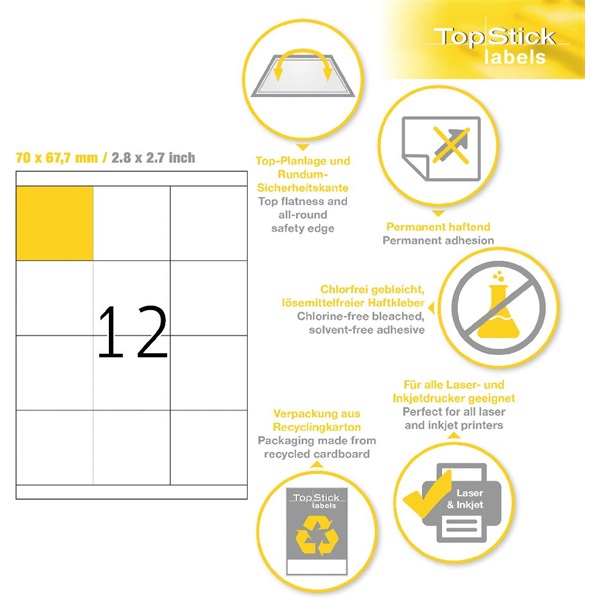 Topstick 70x67,7mm szegéllyel 100 ív 1200 db-os etikett Topstick 70x67,7mm szegéllyel 100 ív 1200 db-os etikett