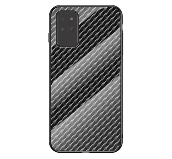 Telefonvédő szilikon keret (BUMPER, edzett üveg hátlap, karbon minta) FEKETE [Samsung Galaxy Note 20 5G (SM-N981F)]