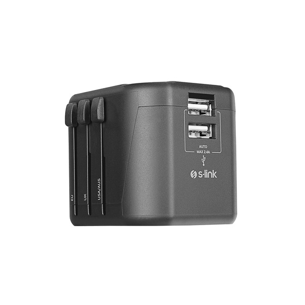 S-Link SL-WL024  Univerzális utazó adapter, Travel EU, UK, USA/AUS, 2xUSB-A, 2.4A Adapter 
