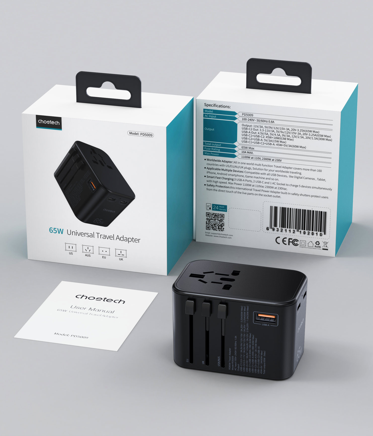 Choetech USB-C*2+A  65W travel US,UK,EU,AU töltő Fekete  