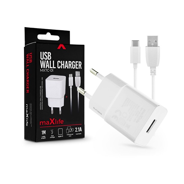 Maxlife TF-0100 univerzális fehér hálózati töltő adapter + 1m Type-C töltő és adatkábel Maxlife TF-0100 univerzális fehér hálózati töltő adapter + 1m Type-C töltő és adatkábel