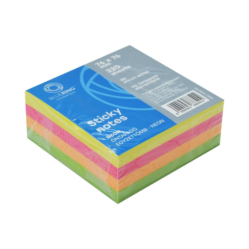 Bluering Jegyzettömb öntapadó, 76x76mm, 320lap,  , neon (JJ50303-320N)