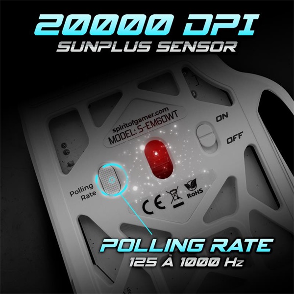 Spirit of Gamer   ELITE-M60 White Optikai 20000 DPI 1000Hz 9 programozható gomb RGB vezetékes Egér Fehér