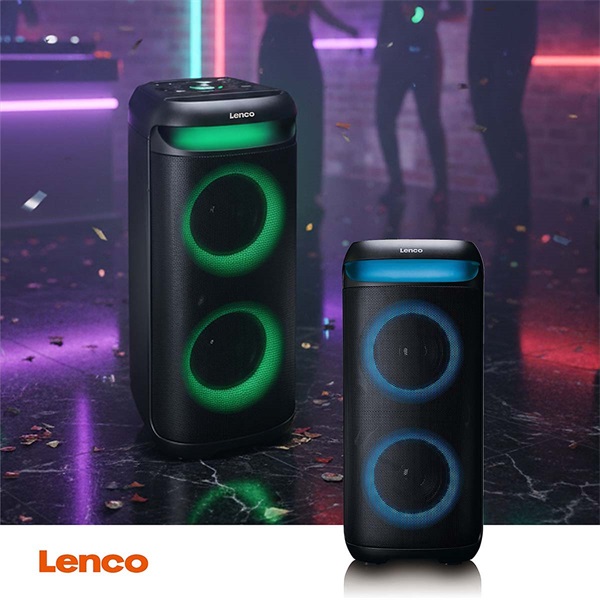 Lenco PA-210BK Bluetooth 5.3 bulihangszóró beépített világítással , TWS, 100W erősítővel, 2x mikrofon bemenet