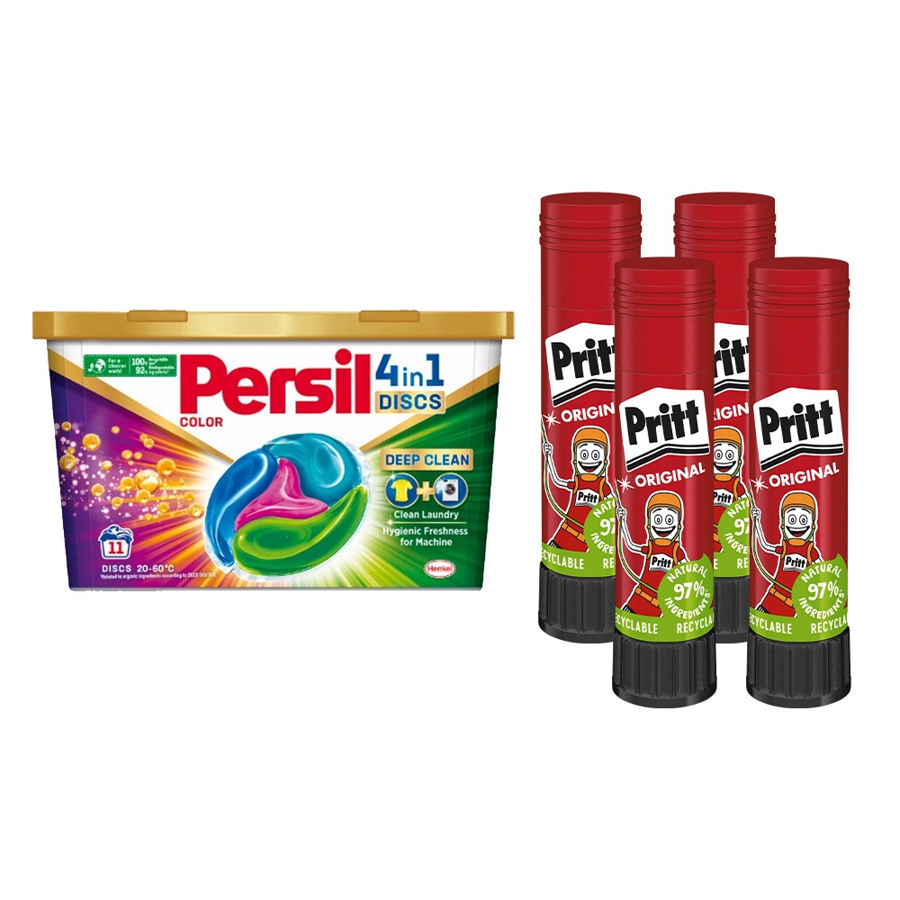 Pritt Ragasztóstift 11 g AKCIÓS CSOMAG + Persil Discs Color mosókapszula 100x11 g (4x25 db ) stift  (AKCIÓS CIKKSZÁM)