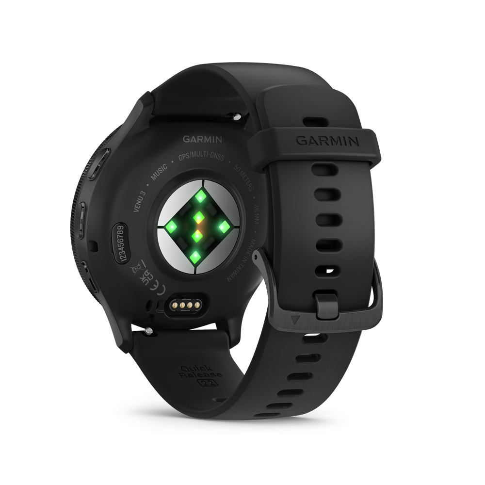 Garmin Venu 3 fekete, fekete kerettel, bőr és szilikon szíjjal okosóra
