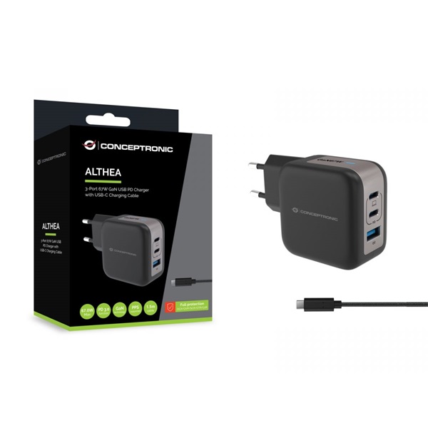 Conceptronic telefon töltő adapter+kábel ALTHEA17B  2xUSB-C+USB-A 67W  USB-C töltő kábel Fekete