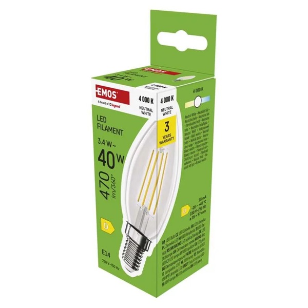 Emos ZF3D23 E14/3,4 W (40 W)/470 lm/természetes fehér filament gyertya LED izzó Emos ZF3D23 E14/3,4 W (40 W)/470 lm/természetes fehér filament gyertya LED izzó