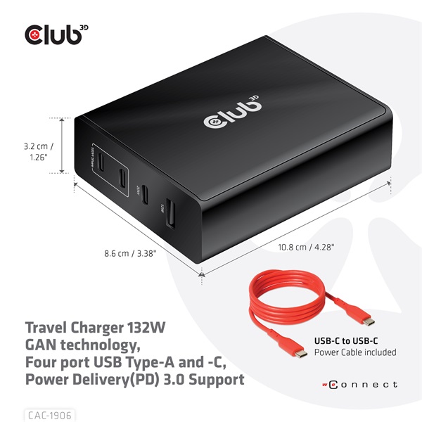 Club 3D  CAC-1906  132W GaN  2x USB-A  2x USB-C  PD3.0, 4 csatlakozó Hálózati Töltő 