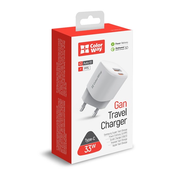 COLORWAY CW-CHS043PD-WT GaN3 Power Delivery Port PPS USB (Type-C PD + USB QC3.0) (33W) USB töltő adapter  Fehér   