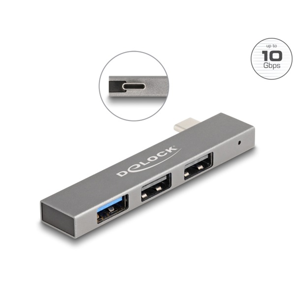 DELOCK USB Slim Hub 3 port Type-C > 1x USB 10 Gbps Type-A + 2x USB 2.0 Type-A
