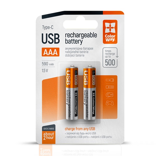 COLORWAY AAA újratölhető elem USB-C 590 mAh 1.5B Li-Polymer 2pc. COLORWAY AAA újratölhető elem USB-C 590 mAh 1.5B Li-Polymer 2pc.