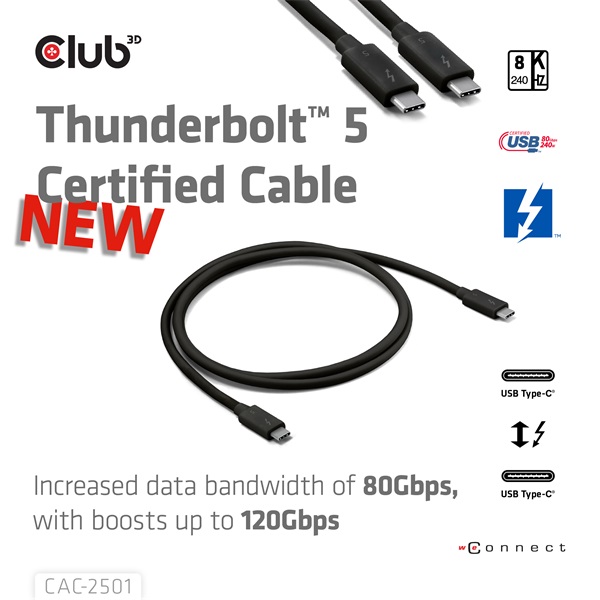 Club 3D CAC-2501  Thunderbolt 5 USB-C to USB-C  240W 80/120 Gbps EPR  8K240Hz  1m Kábel  