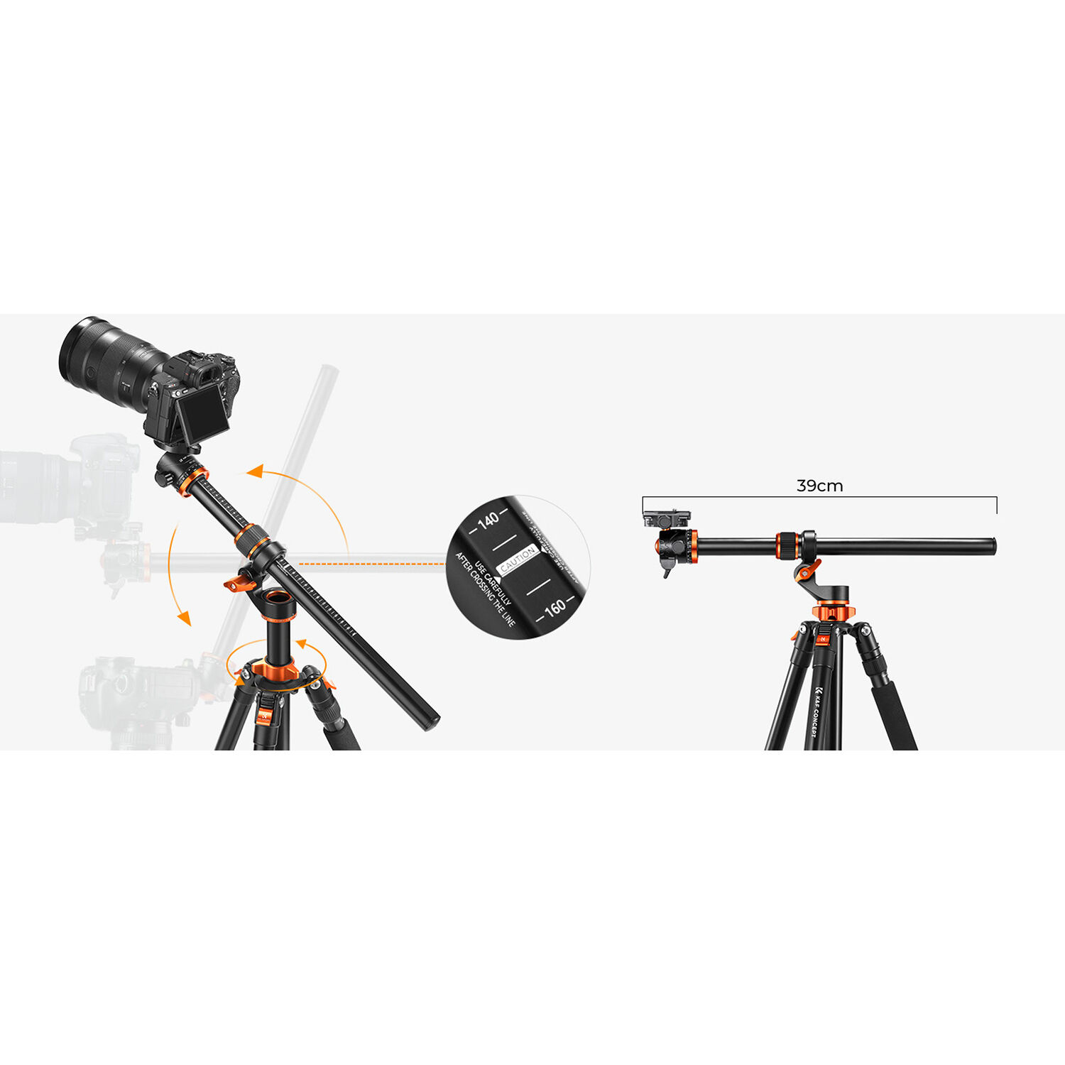 K&F Concept T254A7+BH-28L állvány + monopod, elforgatható középoszloppal, fekete-narancs