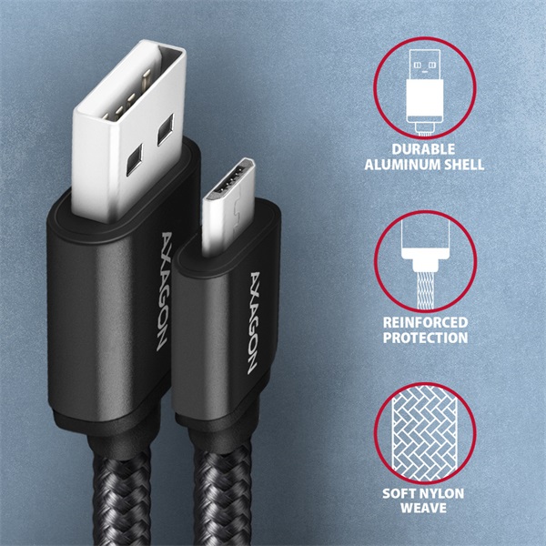 Axagon BUMM-AM20AB HQ Micro USB - USB-A adat- és töltőkábel 2m fekete Axagon BUMM-AM20AB HQ Micro USB - USB-A adat- és töltőkábel 2m fekete