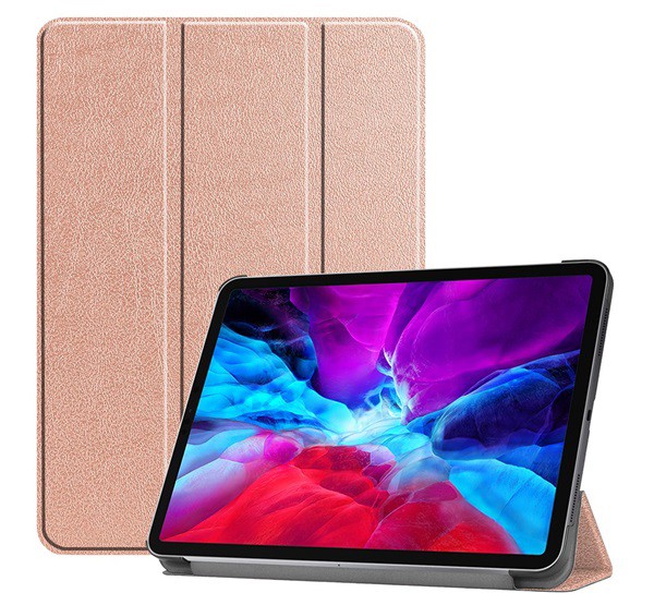 Tok álló, bőr hatású (aktív FLIP, oldalra nyíló, TRIFOLD asztali tartó funkció) ROZÉARANY [Apple IPAD Pro 12.9 (2020)]