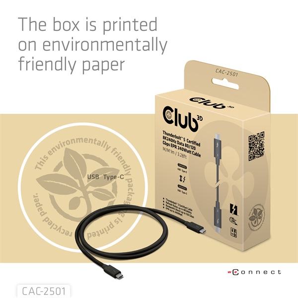 Club 3D CAC-2501  Thunderbolt 5 USB-C to USB-C  240W 80/120 Gbps EPR  8K240Hz  1m Kábel  