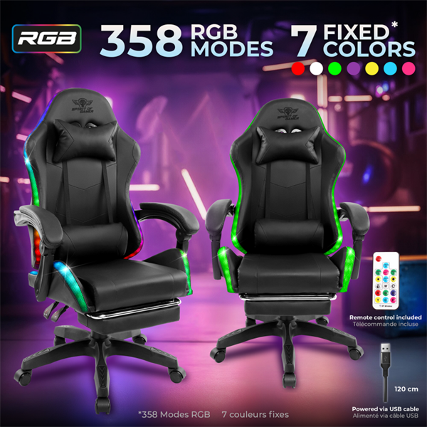 Spirit of Gamer SIRIUS RGB állítható dőlés/magasság kihajtható lábtartó max.120kg-ig Gamer  szék    Fekete