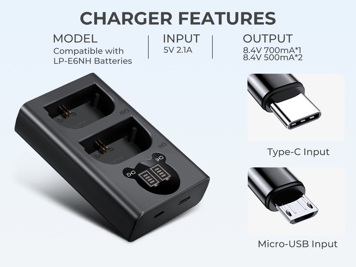 K&F Concept hordozható dupla USB-C akkumulátor LC-E6 töltő + 2db LP-E6NH akkumulátor 2250mAh