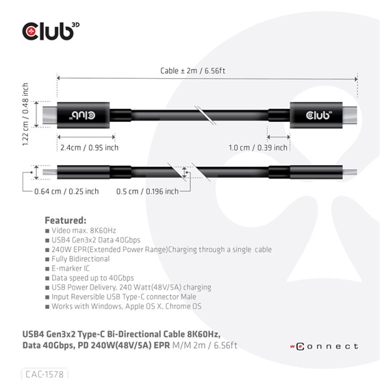  Club3D USB4 Gen3x2 Type-C Bi-Directional   PD 240W(48V/5A) EPR   2m kábel
