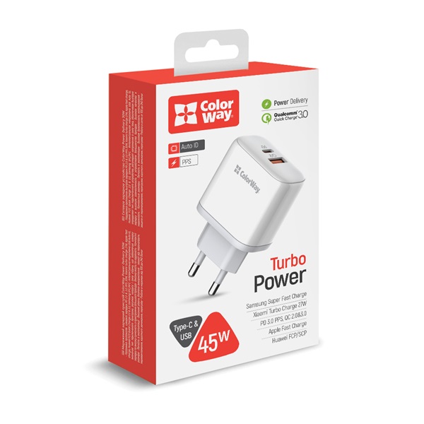COLORWAY CW-CHS042PD-WT USB töltő adapter Power Delivery Port PPS USB (Type-C PD + USB QC3.0) (45W) Fehér 
